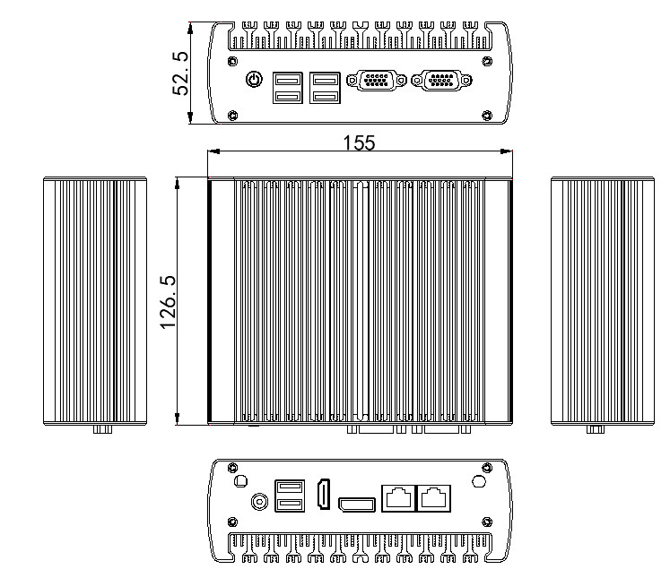 Dimensions of Mini Fanless Industrial PC, Core i3 i5, Linux/Win 7/Win 10