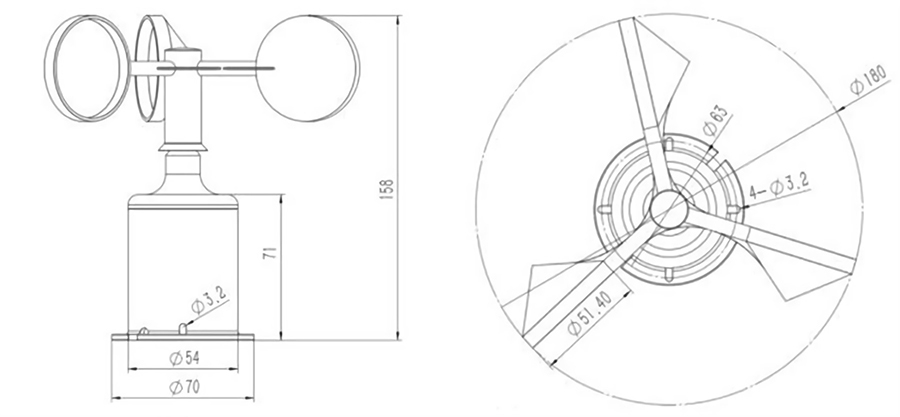 Dimension of 3-Cup Anemometer, 0~70 m/s Wind Speed