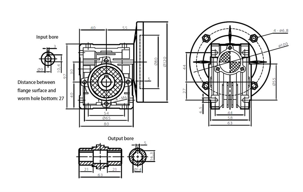 ATO 30mm worm gear reducer outline dimensional drawing