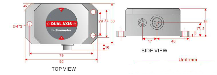 Dimensions of high precision inclinometer sensor 4-20ma 10°-90°