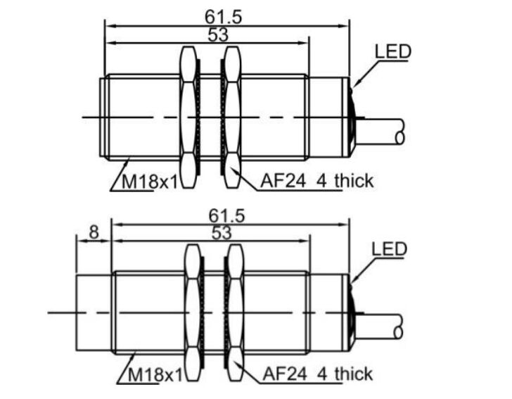 Dimension of proximity sensor of LR18X 2m PVC cable