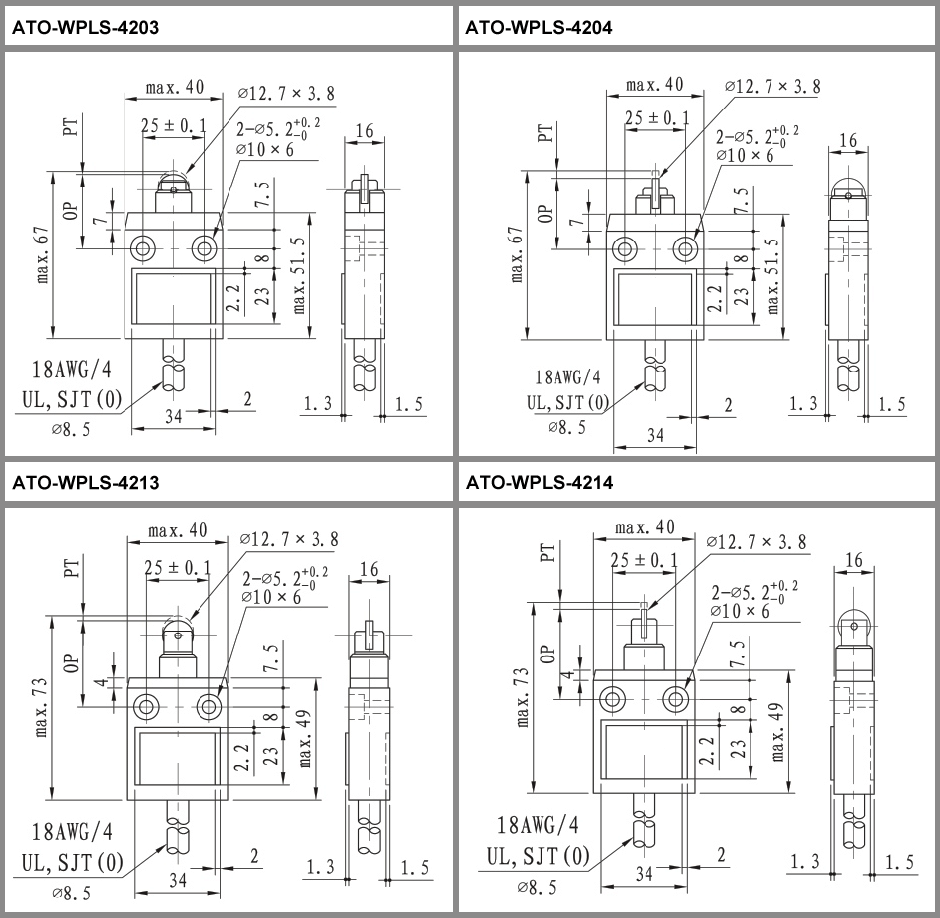 Waterproof limit switch with roller plunger dimensional drawing