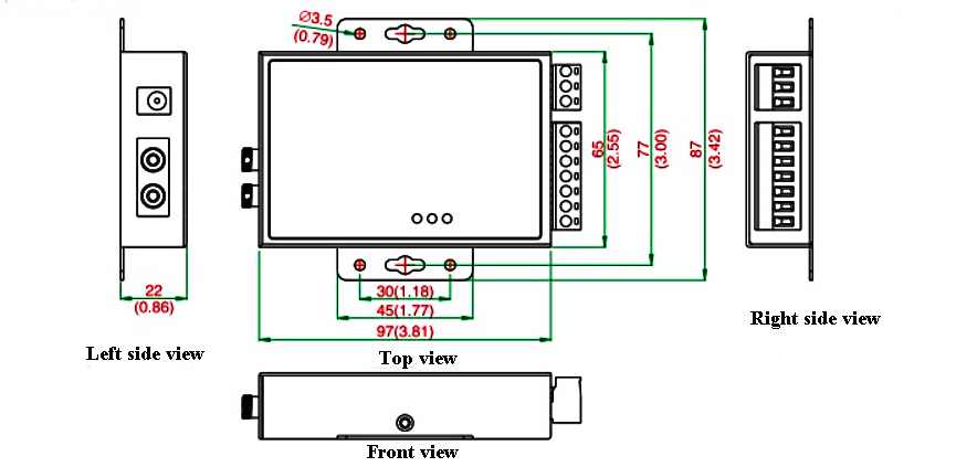 Dimension of rs232/ 485/ 422 to fiber converter