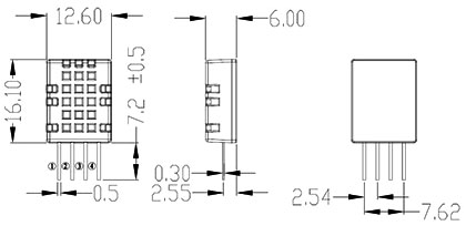 Temperature and humidity sensor DHT11 dimensional drawing