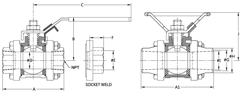 3 Piece ball valve dimension