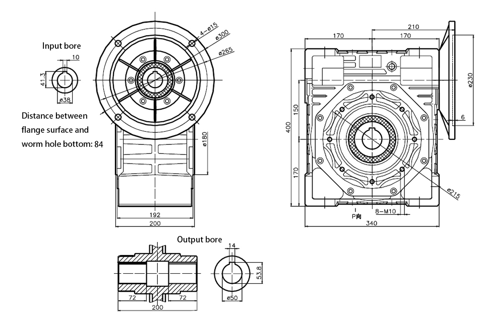 ATO 150mm worm gear reducer outline dimensional drawing