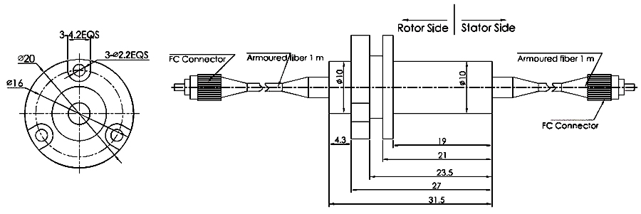 Dimension of single channel fiber optic slip ring