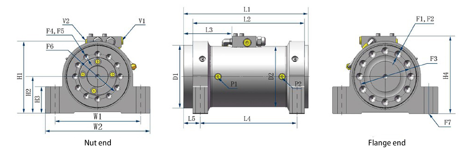 Dimensions diagram of 24000 N.m Hydraulic Rotary Actuator, 180°~360°, Foot Installation