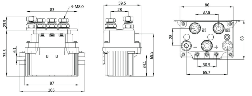 dc reversing contactor 100a dimension